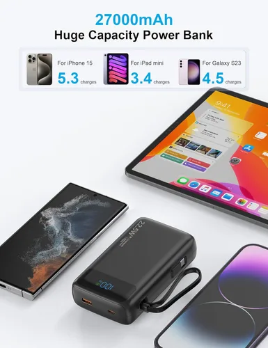 Miniatura 2 de Cargador portátil, 27000 mAh 22.5 W, cargador de batería de carga rápida con cable integrado, batería USB C con pantalla LED / luz flash, cargador