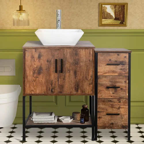 Miniatura 66 de UEV Juego de tocador de baño rústico marrón de 36 pulgadas con fregadero, marco de hierro industrial con 3 cajones laterales, fregadero de cerámica
