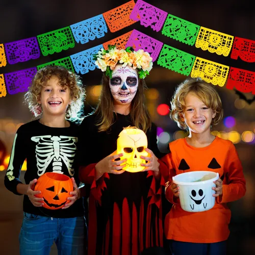 Miniatura 2 de Dia de los Muertos Papel Picado (PAPEL) – Decoración de fiesta del Día de Muertos (paquete de 4, 10 banderas por bandera) – Papel Picado Mexicano