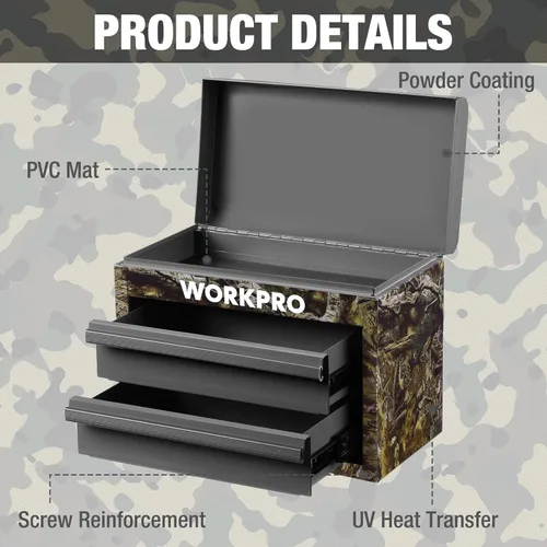 Miniatura 5 de WORKPRO Caja de herramientas mini de metal, cajón superior que contiene dos cajones con guías de rodamientos de bolas, forros de cajones de PVC