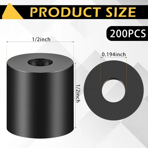 Miniatura 2 de Pasimy 200 piezas de espaciadores de nylon negro de 1/2 pulg. de espesor, 1/2 pulg. de diámetro exterior, 0.194 pulg. de diámetro