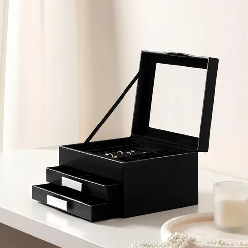 Miniatura 4 de Oyydecor Joyero con tapa de cristal, organizador de joyas de piel sintética de 3 niveles para mujer con 2 cajones, estuche de joyería de maquillaje