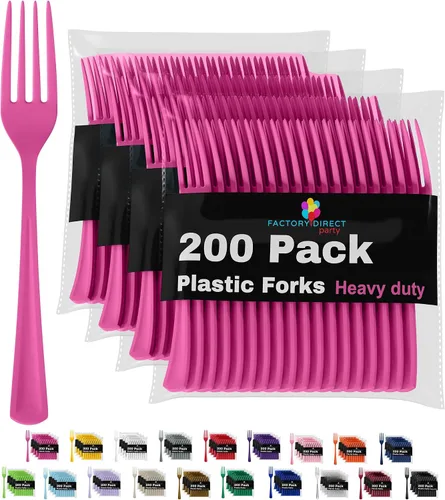 Miniatura 16 de Party Solids Tenedores de plástico rosa, 200 piezas, tenedores rosa, utensilios desechables, juego de cubiertos de plástico resistente