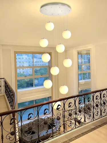 Miniatura 20 de ykolupty Escalera LED de 10 luces LED moderna con globo de cristal, lámpara colgante grande para techos altos, accesorios de iluminación de entrada