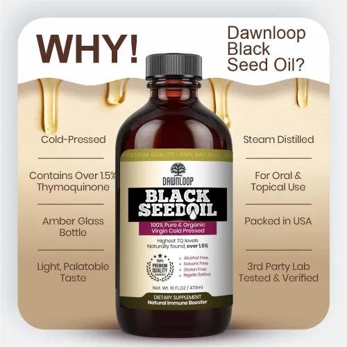 Miniatura 4 de DAWNLOOP Aceite de semilla negra orgánico prensado en frío, 100% puro de alta timoquinona Nigella Sativa, aceite de comino negro para apoyo