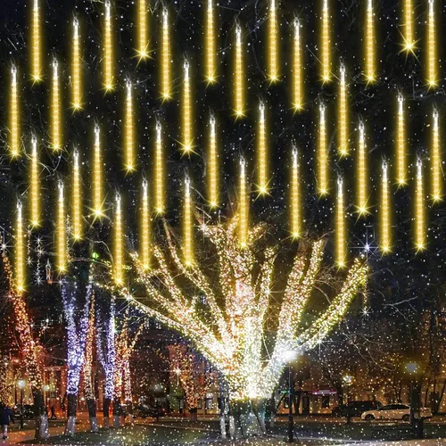 Miniatura 10 de iBaycon Luces de lluvia de meteoritos, carámbanos en cascada o gotas de lluvia, impermeables, de exteriores, conectables, temporizador, decoración
