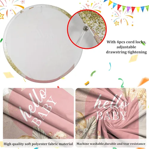 Miniatura 5 de AOFOTO Cubierta de fondo redonda bohemia de 3 x 3 pies para baby shower, cubierta de arco rosa bohemio chic con flores, tema de Hello Baby, fondo