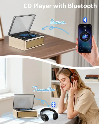 Miniatura 3 de Gelielim Reproductor de CD retro, reproductor de CD de escritorio con entrada y salida Bluetooth, batería recargable, altavoces de alta fidelidad