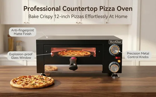 Miniatura 5 de Horno eléctrico para pizza en interiores, máquina de pizza de encimera de 12 pulgadas con ventana de visión, horno de pizza comercial de acero Negro