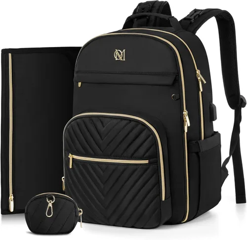 Miniatura 20 de MOMUVO Mochila para pañales, bolsa de bebé acolchada con cambiador, correas para cochecito y funda para chupete, bolsas de pañales de viaje grandes