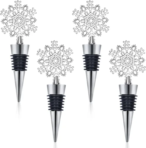 Whaline Tapón de vino de copo de nieve de 4 piezas, tapón decorativo de Navidad, tapón de botella de metal para bebidas y cerveza para mantener el
