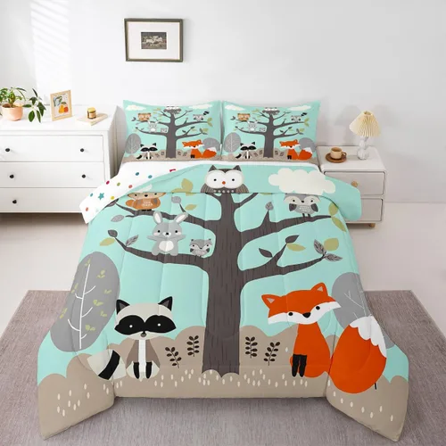Juego de ropa de cama de animales lindos para niños y niñas, guardería, caricaturas, mapache, búho, zorro, juego de edredón para todas las