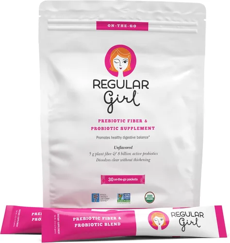 Regular Girl Polvo orgánico, suplemento de fibra prebiótica y probióticos para mujeres, bajo FODMAP, 30 paquetes para llevar, sin sabor, 30 paquetes