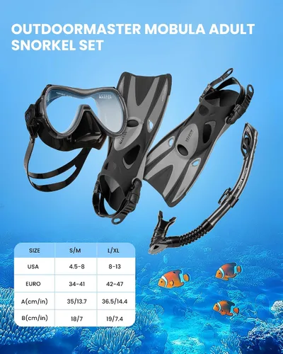 Miniatura 7 de OutdoorMaster Mobula Equipo de esnórquel para adultos, aletas de máscara con vista panorámica, antivaho y parte superior seca, equipo de buceo