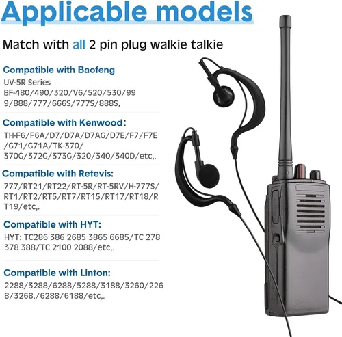 Miniatura 4 de 10 pares de auriculares para walkie talkie con micrófono de 2 pines, micrófono de auricular para radio bidireccional, auricular de un solo cable