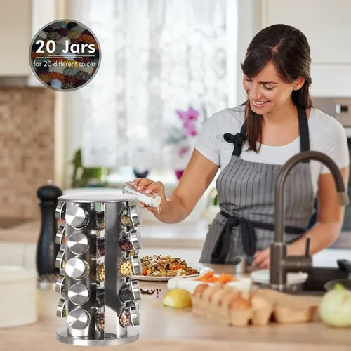 Miniatura 3 de EBIZ&TECH - Estante giratorio para 20 tarros de acero inoxidable con base antideslizante - Organizador de encimera de cocina para fácil acceso
