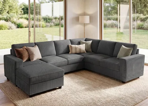Miniatura 13 de HONBAY Sofá modular de pana con almacenamiento en forma de L para sala de estar, sofá seccional de 6 plazas, color beige