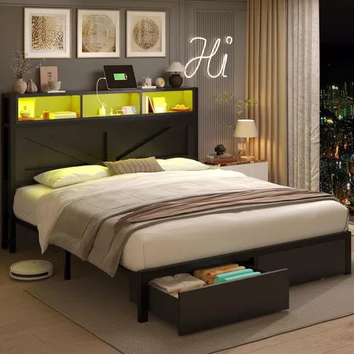 Miniatura 4 de Marco de cama Queen estilo granja con cabecero con estantería y cajones de almacenamiento, luces LED y estación de carga, no necesita somier, sin