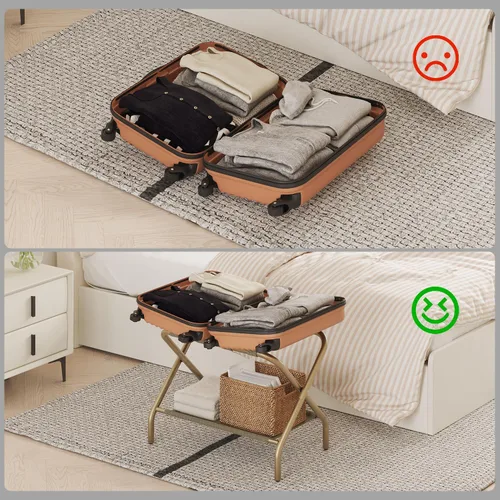 Miniatura 2 de Smart FENDEE Portaequipajes dorado para habitación de invitados, soporte plegable para maleta con estante de almacenamiento, soporte de equipaje