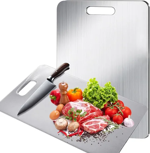 Miniatura 7 de Tabla de cortar de titanio para cocina, juego de tablas de cortar de acero inoxidable 304 para frutas, carne y verduras (12 x 8 pulgadas)