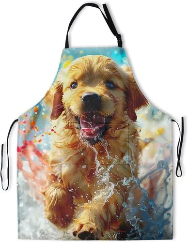 Miniatura 8 de Delantal colorido de poliéster Grooming Delantales con bolsillo para barbacoa Cocina Pintura Adultos German Shepherd