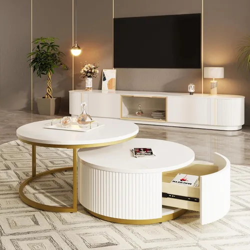 Miniatura 13 de Mesa de café redonda, mesa de café moderna de 31.5" con 2 cajones grandes de almacenamiento, tapa de mesa con patrón de mármol, mesa central