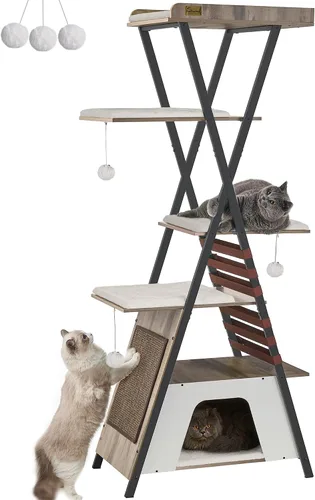 FourFurPets Árbol para gatos de 72.4 pulgadas, torre moderna para gatos de interior, condominio para gatos de varios niveles con cuevas, árbol alto