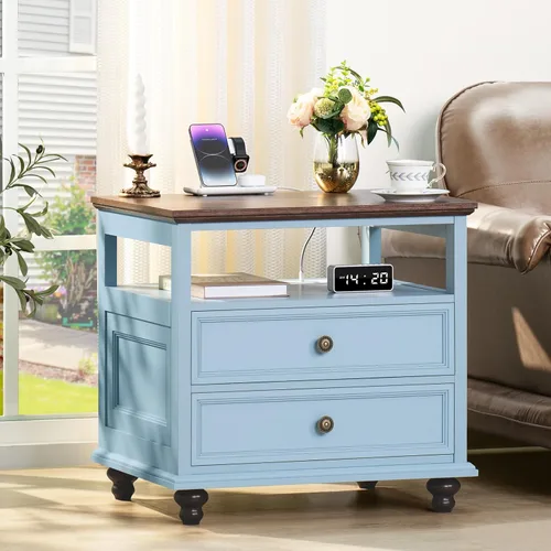 Miniatura 33 de Joaxswe Mesita de noche estilo granja con estación de carga, mesa auxiliar de 61 cm de ancho con 2 cajones, cómoda natural para dormitorio, cómoda