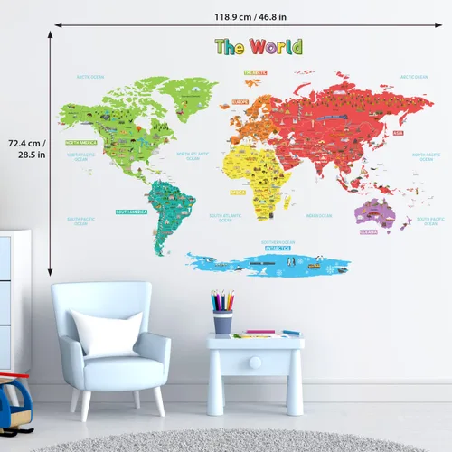 Miniatura 5 de DECOWALL SG-1902s - Calcomanías de pared de mapa del mundo educativo grandes, calcomanías coloridas extraíbles para niños, guardería, dormitorio