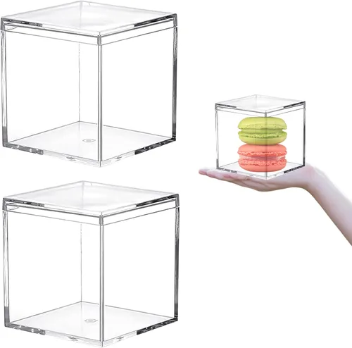 KissYou Caja de acrílico con tapa, 2 paquetes de cajas de exhibición transparentes, contenedores de almacenamiento apilables, cubos cuadrados de