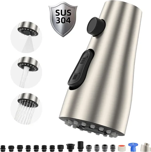 Hibbent Cabezal rociador extraíble de metal para grifo de cocina, boquilla rociadora para fregadero de cocina con 15 adaptadores, repuesto de