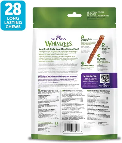 Miniatura 8 de WHIMZEES Golosinas dentales naturales de larga duración para perros, sin granos, salchicha vegetariana, pequeña, bolsa de 28