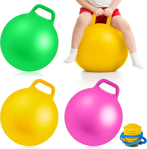 Lewtemi 3 bolas inflables de 18 pulgadas para saltar redondas grandes con asas para niños y niñas de 6 años en adelante (rosa, amarillo, verde)