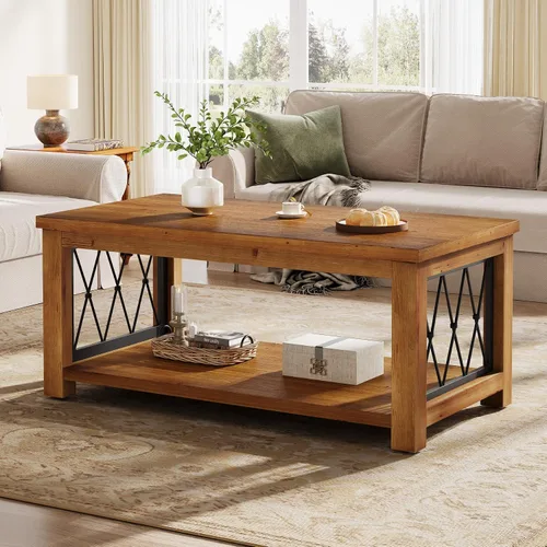 Miniatura 6 de Mesa auxiliar de madera maciza de 47.2 pulgadas, diseño de almacenamiento de 2 niveles, mesa de cóctel central rectangular de granja, marco de metal