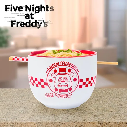 Miniatura 6 de Silver Buffalo Five Nights at Freddy's Freddy Fazbear - Cuenco de cerámica para fideos ramen y arroz con diseño de caja de pizza, con palillos