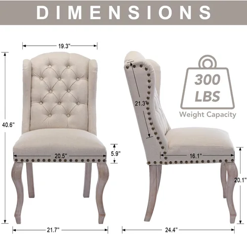 Miniatura 2 de chairus Juego de 4 sillas de comedor con diseño capitoné Parsons, tapizadas de estilo rústico francés con ribete de cabeza de clavo y patas