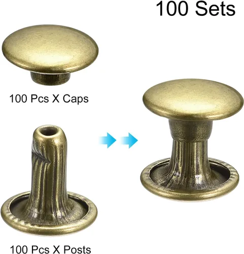 Miniatura 3 de uxcell 100 juegos de remaches de cuero, remaches de doble tapa de 0.315 pulgadas, remaches de metal de 0.315 pulgadas de altura, remaches para Tono