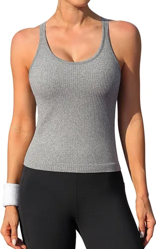 Miniatura 95 de ATTRACO Camiseta corta acanalada de entrenamiento para mujer con brasier integrado para yoga, espalda cruzada, ajuste ajustado