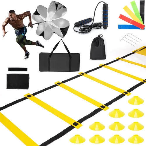 Escalera de velocidad de agilidad, juego de equipo de entrenamiento de fútbol, 20 pies, 12 peldaños de velocidad, 10 conos de disco, paracaídas de