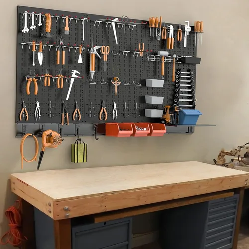 Miniatura 7 de TORACK Sistema organizador de pared de metal para garaje, 109 piezas de accesorios de tablero de clavijas, kit organizador de herramientas con cubos