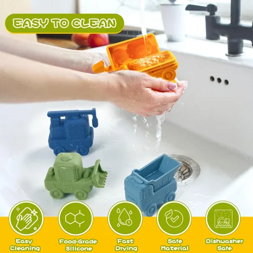 Miniatura 4 de Juguetes de baño sin moho para niños pequeños, paquete de 4 juguetes de baño de silicona de grado alimenticio, camión fácil de limpiar y juguete