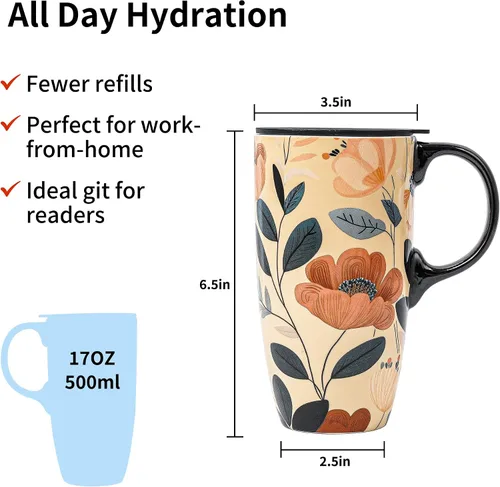 Miniatura 9 de Taza de café de viaje de cerámica con tapa para el hogar y la oficina, taza de té alta de porcelana de 17 onzas con mango de arte floral en caja