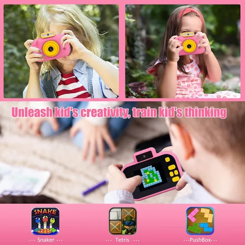 Miniatura 5 de Cámara para niños, cámara digital rosa para selfie, juguetes de cumpleaños para niñas de 3 a 9 años, grabadora de video digital HD portátil