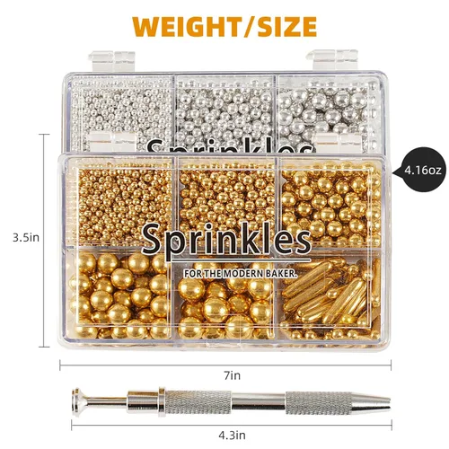 Miniatura 6 de Kasvan Gránulos de azúcar dorados y plateados, perlas de caramelo comestibles con bolígrafo espolvoreador de 4 garras, 8.32 onzas, paquete de caja