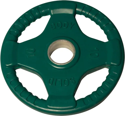 Miniatura 10 de Body-Solid Placa de goma con diseño de agarre cuádruple, discos de peso olímpicos con revestimiento de goma para levantamiento de pesas