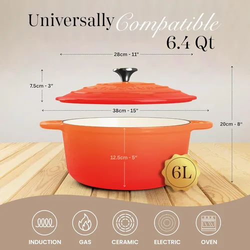 Miniatura 2 de Nuovva Olla Holandesa de Hierro Fundido Esmaltado con Tapa – Cazuela Antiadherente de 6.4 Cuartos – Resistente y Apta para Horno hasta 500°F