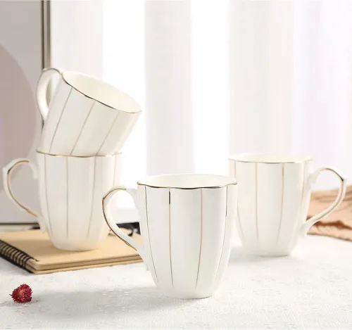 DUJUST Juego de 4 tazas de café (13.5 onzas), diseño británico de lujo con adornos dorados hechos a mano, juego de tazas de porcelana blanca y
