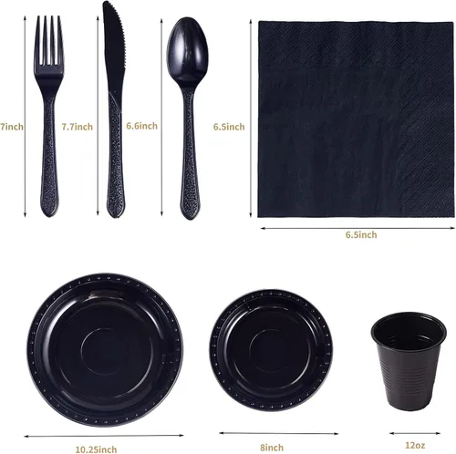 Miniatura 2 de 175 piezas de suministros para fiestas negros, juego de vajilla desechable, platos de plástico y servilletas de papel, vasos, cubiertos, sirve 25