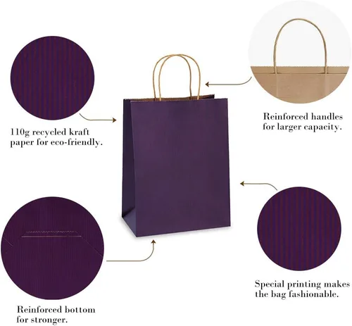 Miniatura 3 de BagDream Bolsas de regalo de 8 x 4.25 x 10.5 pulgadas, 100 bolsas de papel kraft morado con asas a granel, para compras, venta al por menor, Púrpura
