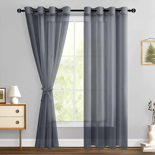 Miniatura 108 de Hiasan - Cortinas traslúcidas de gasa cortas semitransparentes con ojales y alzapaños filtrantes de luz para ventana, dormitorio, baño, 2 paneles